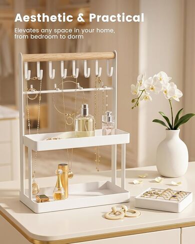 4-Tier Jewelry Organizer Stand with 12 Hooks & Velvet Ring Tray, Necklace Holder, Tangle-Free Jewelry Display for Bracelets Rings, Room Dorm Decor for Dresser Vanity, Gift for Teen Girls, White in Saudi Arabia