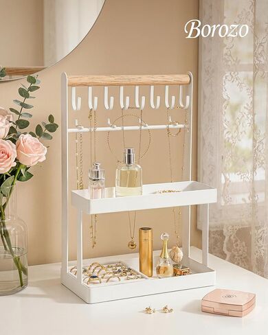 4-Tier Jewelry Organizer Stand with 12 Hooks & Velvet Ring Tray, Necklace Holder, Tangle-Free Jewelry Display for Bracelets Rings, Room Dorm Decor for Dresser Vanity, Gift for Teen Girls, White in Saudi Arabia