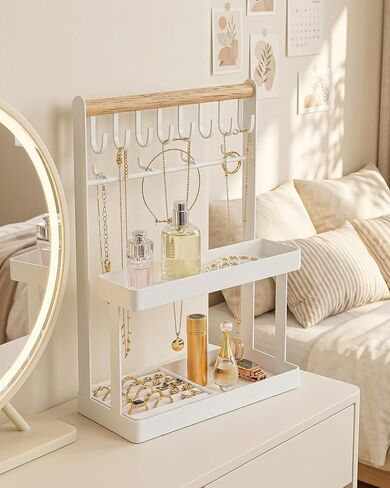 4-Tier Jewelry Organizer Stand with 12 Hooks & Velvet Ring Tray, Necklace Holder, Tangle-Free Jewelry Display for Bracelets Rings, Room Dorm Decor for Dresser Vanity, Gift for Teen Girls, White in Saudi Arabia