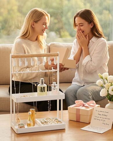 4-Tier Jewelry Organizer Stand with 12 Hooks & Velvet Ring Tray, Necklace Holder, Tangle-Free Jewelry Display for Bracelets Rings, Room Dorm Decor for Dresser Vanity, Gift for Teen Girls, White in Saudi Arabia