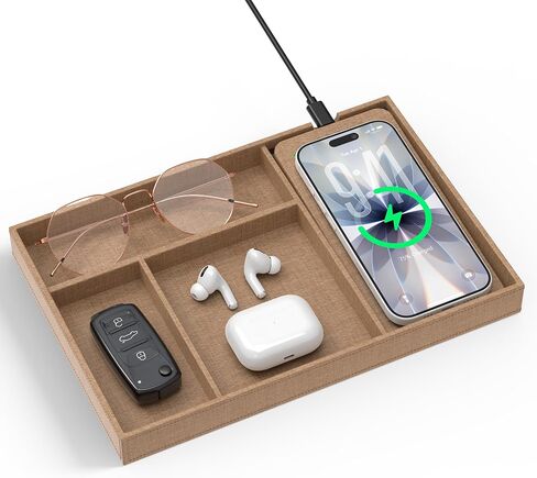 Valet Tray with Wireless Charger, Nightstand Organizer & Catchall Tray for Phone, Keys, Glasses and Accessories, Premium Linen, Stylish Desk & Bedside Storage Station in Saudi Arabia