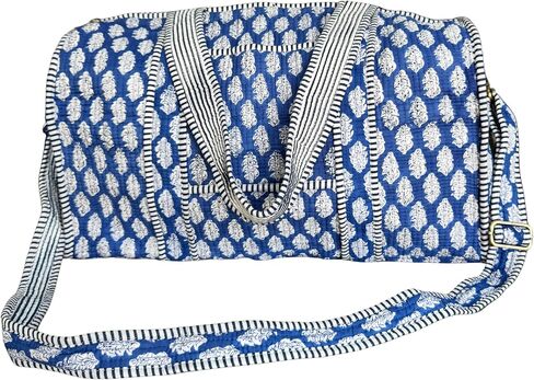 ATOSII Large Duffle Bag, Handblock Print 100% Quilted Cotton for Overnight Trip, Travel Weekender, Luggage, 2 Pockets with Zipper, 1 Front Pocket, Detachable Long Strap, 20 X 10 X 12 Inches, Celeste in Saudi Arabia