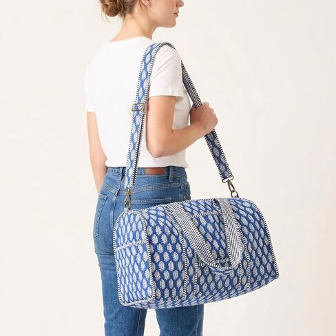 ATOSII Large Duffle Bag, Handblock Print 100% Quilted Cotton for Overnight Trip, Travel Weekender, Luggage, 2 Pockets with Zipper, 1 Front Pocket, Detachable Long Strap, 20 X 10 X 12 Inches, Celeste in Saudi Arabia