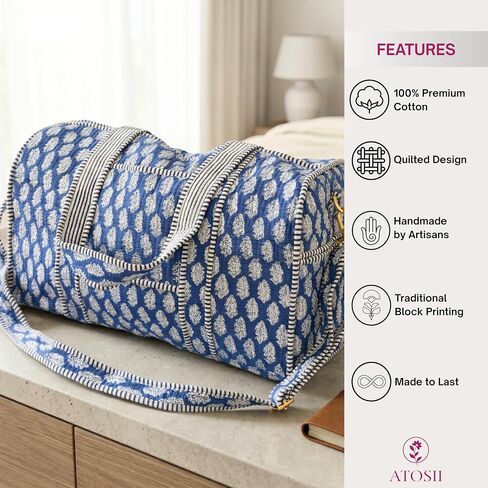 ATOSII Large Duffle Bag, Handblock Print 100% Quilted Cotton for Overnight Trip, Travel Weekender, Luggage, 2 Pockets with Zipper, 1 Front Pocket, Detachable Long Strap, 20 X 10 X 12 Inches, Celeste in Saudi Arabia