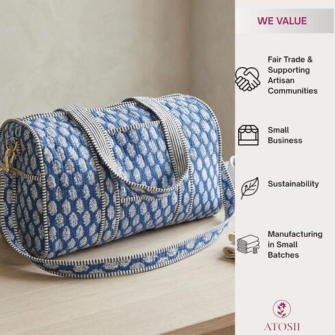 ATOSII Large Duffle Bag, Handblock Print 100% Quilted Cotton for Overnight Trip, Travel Weekender, Luggage, 2 Pockets with Zipper, 1 Front Pocket, Detachable Long Strap, 20 X 10 X 12 Inches, Celeste in Saudi Arabia