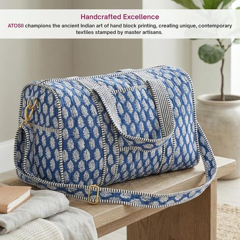 ATOSII Large Duffle Bag, Handblock Print 100% Quilted Cotton for Overnight Trip, Travel Weekender, Luggage, 2 Pockets with Zipper, 1 Front Pocket, Detachable Long Strap, 20 X 10 X 12 Inches, Celeste in Saudi Arabia