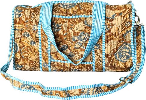 ATOSII Large Duffle Bag, Handblock Print 100% Quilted Cotton for Overnight Trip, Travel Weekender, Luggage, 2 Pockets with Zipper, 1 Front Pocket, Detachable Long Strap, 20 X 10 X 12 Inches, Celeste in Saudi Arabia