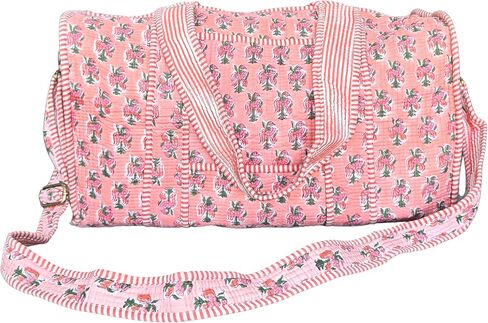 ATOSII Large Duffle Bag, Handblock Print 100% Quilted Cotton for Overnight Trip, Travel Weekender, Luggage, 2 Pockets with Zipper, 1 Front Pocket, Detachable Long Strap, 20 X 10 X 12 Inches, Celeste in Saudi Arabia