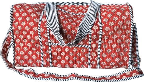 ATOSII Large Duffle Bag, Handblock Print 100% Quilted Cotton for Overnight Trip, Travel Weekender, Luggage, 2 Pockets with Zipper, 1 Front Pocket, Detachable Long Strap, 20 X 10 X 12 Inches, Celeste in Saudi Arabia