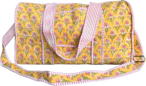 ATOSII Large Duffle Bag, Handblock Print 100% Quilted Cotton for Overnight Trip, Travel Weekender, Luggage, 2 Pockets with Zipper, 1 Front Pocket, Detachable Long Strap, 20 X 10 X 12 Inches, Celeste in Saudi Arabia