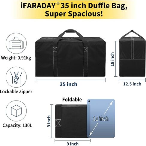 iFARADAY 130L Extra Large Travel Duffle Bag - Heavy Duty Water Resistant Luggage for Camping, Sports & Moving - 35 inch Foldable Gear Bag (Black) in Saudi Arabia