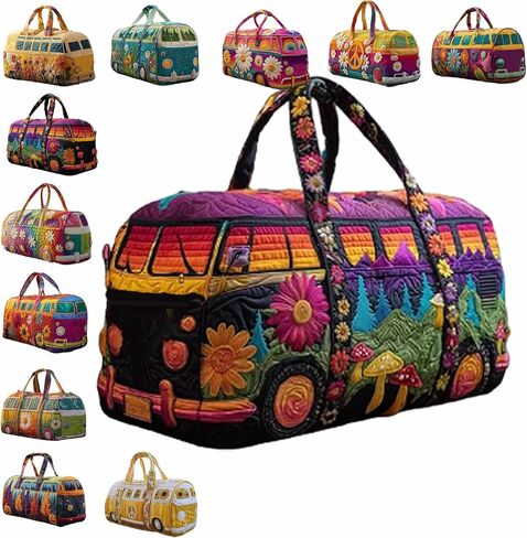Hippie Bag, Hippie Van Quilted Duffle Bag, Quilted Weekender Bag, Boho Travel Bag Retro Style for Everyday Travel in Saudi Arabia