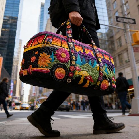 Hippie Bag, Hippie Van Quilted Duffle Bag, Quilted Weekender Bag, Boho Travel Bag Retro Style for Everyday Travel in Saudi Arabia