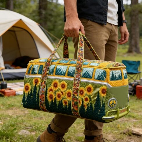 Hippie Bag, Hippie Van Quilted Duffle Bag, Quilted Weekender Bag, Boho Travel Bag Retro Style for Everyday Travel in Saudi Arabia