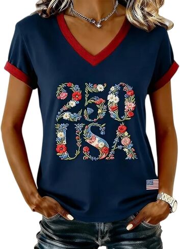 Women's V-Neck America Flag Patriotic T-Shirt Summer 4th of July Independence Day USA Star and Stripes Graphic Tees in Kuwait