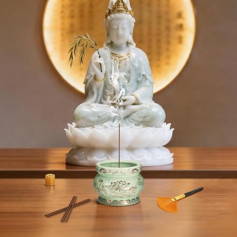Ceramic Lotus Incense Burner with Brass Stand & Incense Sticks, Ash Catcher Bowl for Meditation Yoga Relaxation, Decorative Incense Holder for Home（White in Saudi Arabia