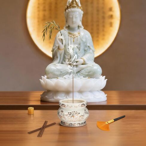Ceramic Lotus Incense Burner with Brass Stand & Incense Sticks, Ash Catcher Bowl for Meditation Yoga Relaxation, Decorative Incense Holder for Home（White in Saudi Arabia
