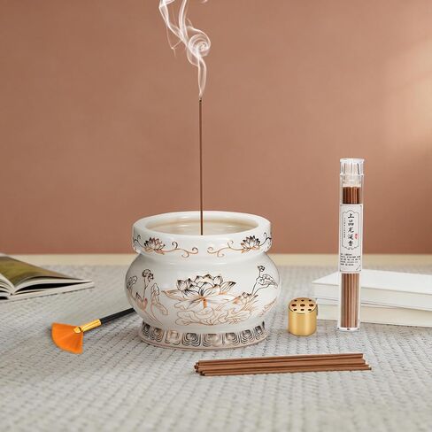 Ceramic Lotus Incense Burner with Brass Stand & Incense Sticks, Ash Catcher Bowl for Meditation Yoga Relaxation, Decorative Incense Holder for Home（White in Saudi Arabia