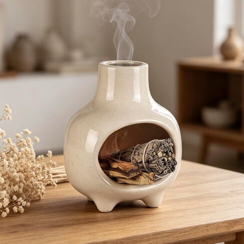 Ceramic Palo Santo Holder Burner with Chimney, Handcrafted Smudge Bowl Ash Catcher for Sage, Incense Cones & Candles, Palo Santo Sticks, for Home, Yoga, Meditation & Spiritual Ceremony (Beige) in Saudi Arabia