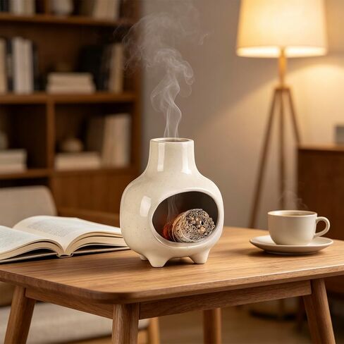 Ceramic Palo Santo Holder Burner with Chimney, Handcrafted Smudge Bowl Ash Catcher for Sage, Incense Cones & Candles, Palo Santo Sticks, for Home, Yoga, Meditation & Spiritual Ceremony (Beige) in Saudi Arabia