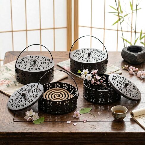4 Pcs Portable Mosquito Coil Holder with Lid, Round Heat-Resistant Iron Alloy Incense Burner Box for Outdoor Camping, Balcony, Patio, Travel (Bronze) in Saudi Arabia