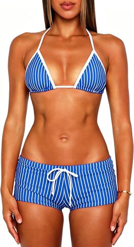 OZICERD Halter Triangle Bikini Sets for Women Striped String Bikini Tops Micro Shorts Bottoms 2 Piece Swimsuit Bathing Suits in Kuwait