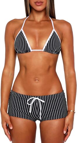 OZICERD Halter Triangle Bikini Sets for Women Striped String Bikini Tops Micro Shorts Bottoms 2 Piece Swimsuit Bathing Suits in Kuwait