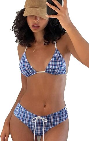 SHENHE Women's Y2k Bikini Shorts Set 2 Piece Swimsuits Plaid Triangle Halter Boyshort Swimsuits in Kuwait