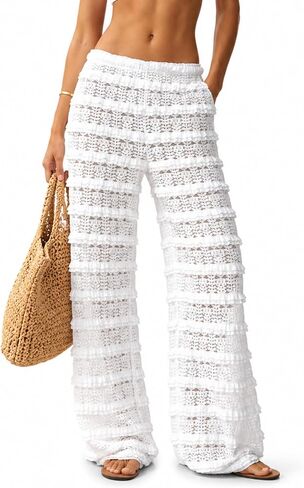 Wyeysyt Womens Crochet Pants Lace Swim Cover Up Pants Elastic Waist Mesh Bathing Suit Cover Up Beach Pants in Saudi Arabia