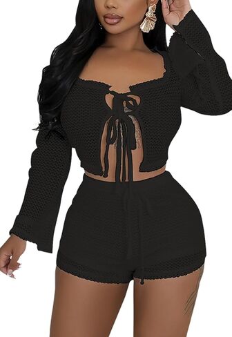 ZERMOM Women's Crochet 2 Piece CoverUp Sets Swimsuit Hollow Out Cropped Tie Long Sleeve Top Shorts Beach Outfit in Saudi Arabia