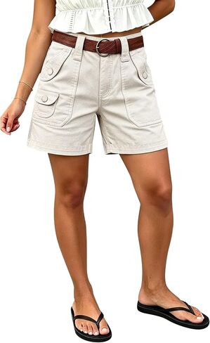 Flamingals Mid Waist Mid Thigh Length Shorts for Women Casual Split Stitch Detail Decor Front Trendy Shorts Without Belt in Kuwait