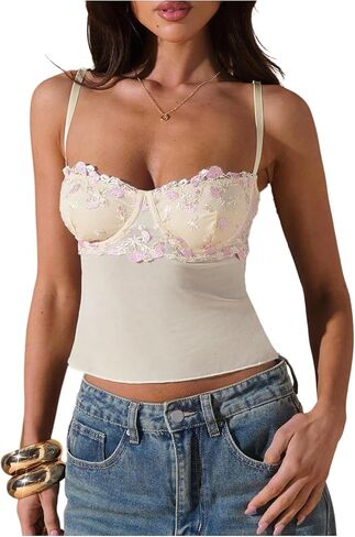 RoseSeek Women's Floral Lace Mesh Cute Tops Spaghetti Strap Going Out Tops Summer Crop Cami Top Y2k Outfits in Saudi Arabia