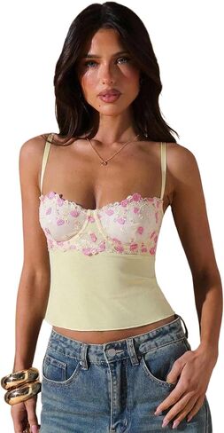 RoseSeek Women's Floral Lace Mesh Cute Tops Spaghetti Strap Going Out Tops Summer Crop Cami Top Y2k Outfits in Saudi Arabia