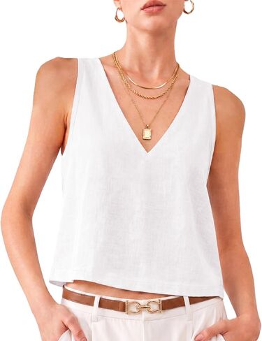 Linen Crop Tops for Women Sleeveless V Neck Tank Top Vacation Beach Cute Button Down Shirts Blouses in Saudi Arabia