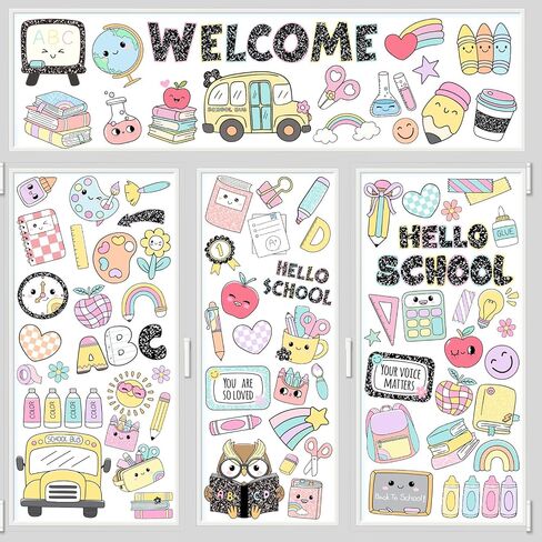 90 PCS Classroom Pastel Window Clings Stickers Compostion Style Classroom Decoration Back to School Pastel Window Decals Double Sided for First Day of School Party Supplies in Saudi Arabia