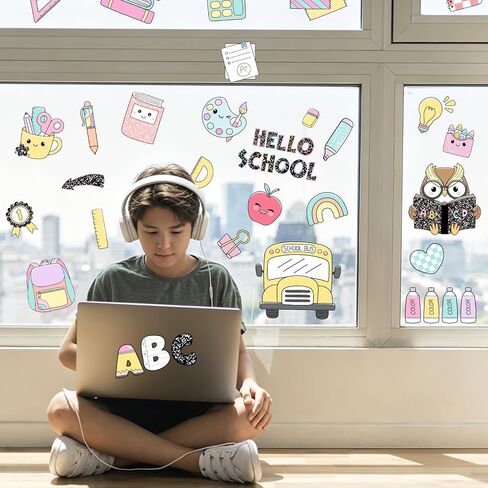 90 PCS Classroom Pastel Window Clings Stickers Compostion Style Classroom Decoration Back to School Pastel Window Decals Double Sided for First Day of School Party Supplies in Saudi Arabia