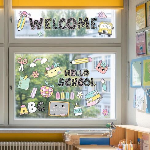 90 PCS Classroom Pastel Window Clings Stickers Compostion Style Classroom Decoration Back to School Pastel Window Decals Double Sided for First Day of School Party Supplies in Saudi Arabia