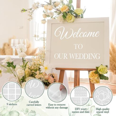 JarThenaAMCS 9Pcs White Flower Bridal Shower Mirror Decals Welcome Sign DIY Name Date Removable Letter Floral Vinyl Wall Stickers for Wedding Engagement Marriage Reception Decor in Kuwait