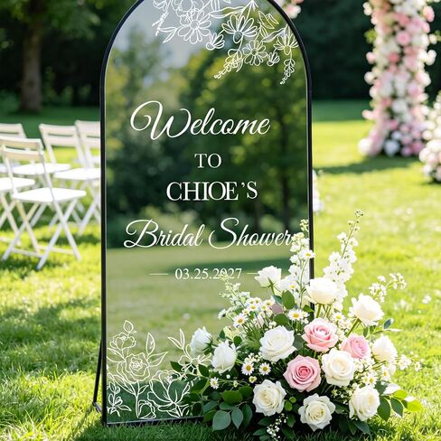 JarThenaAMCS 9Pcs White Flower Bridal Shower Mirror Decals Welcome Sign DIY Name Date Removable Letter Floral Vinyl Wall Stickers for Wedding Engagement Marriage Reception Decor in Kuwait