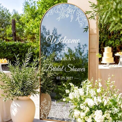 JarThenaAMCS 9Pcs White Flower Bridal Shower Mirror Decals Welcome Sign DIY Name Date Removable Letter Floral Vinyl Wall Stickers for Wedding Engagement Marriage Reception Decor in Kuwait