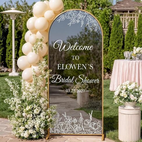 JarThenaAMCS 9Pcs White Flower Bridal Shower Mirror Decals Welcome Sign DIY Name Date Removable Letter Floral Vinyl Wall Stickers for Wedding Engagement Marriage Reception Decor in Kuwait