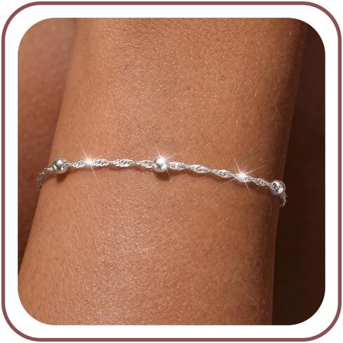 Moodear Silver Bracelets for Women Trendy 14K Silver Plated Bracelets for Women Dainty Twist Square Sparkle Beaded Link Chain Bracelets Non Tarnish Adjustable Bracelets Beach Summer Jewelry Gifts in Saudi Arabia