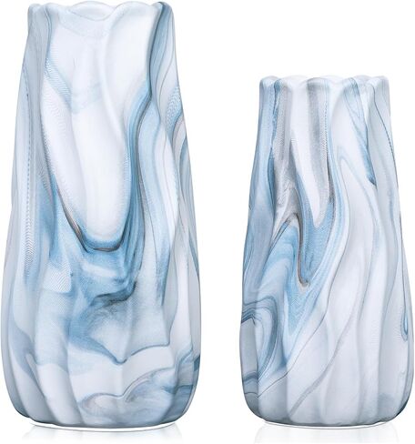 Blue Vases Set of 2, Modern Coastal Vase for Flowers, White vases for Table Centerpieces, Snuggle Hollow Vase Ceramic Decoration for Living Room, Nordic Boho Decor for Coffee Table Shelf in Saudi Arabia