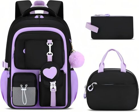 3Pcs Black Purple Backpack for Girls with Lunch Box Kids School Bag with Heart Coin Purse Bookbag for Elementary Middle School in Saudi Arabia
