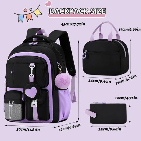 3Pcs Black Purple Backpack for Girls with Lunch Box Kids School Bag with Heart Coin Purse Bookbag for Elementary Middle School in Saudi Arabia