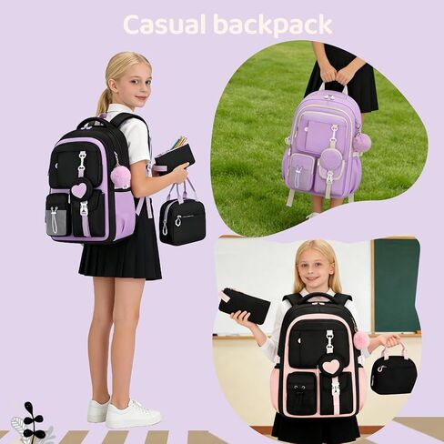 3Pcs Black Purple Backpack for Girls with Lunch Box Kids School Bag with Heart Coin Purse Bookbag for Elementary Middle School in Saudi Arabia