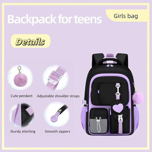 3Pcs Black Purple Backpack for Girls with Lunch Box Kids School Bag with Heart Coin Purse Bookbag for Elementary Middle School in Saudi Arabia