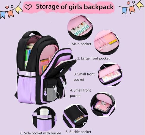 3Pcs Black Purple Backpack for Girls with Lunch Box Kids School Bag with Heart Coin Purse Bookbag for Elementary Middle School in Saudi Arabia