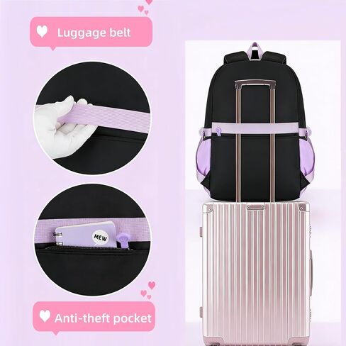 3Pcs Black Purple Backpack for Girls with Lunch Box Kids School Bag with Heart Coin Purse Bookbag for Elementary Middle School in Saudi Arabia