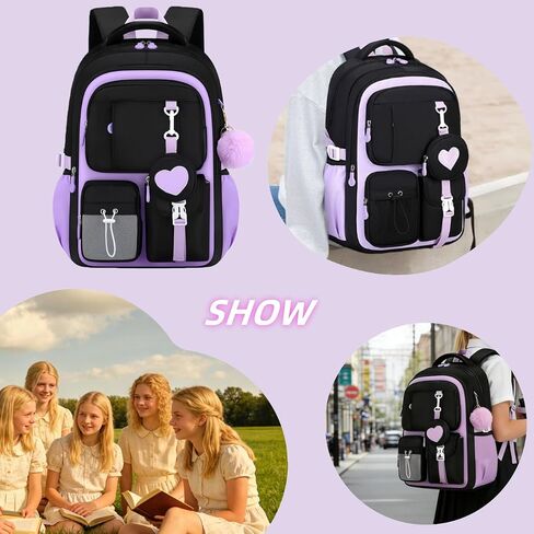 3Pcs Black Purple Backpack for Girls with Lunch Box Kids School Bag with Heart Coin Purse Bookbag for Elementary Middle School in Saudi Arabia